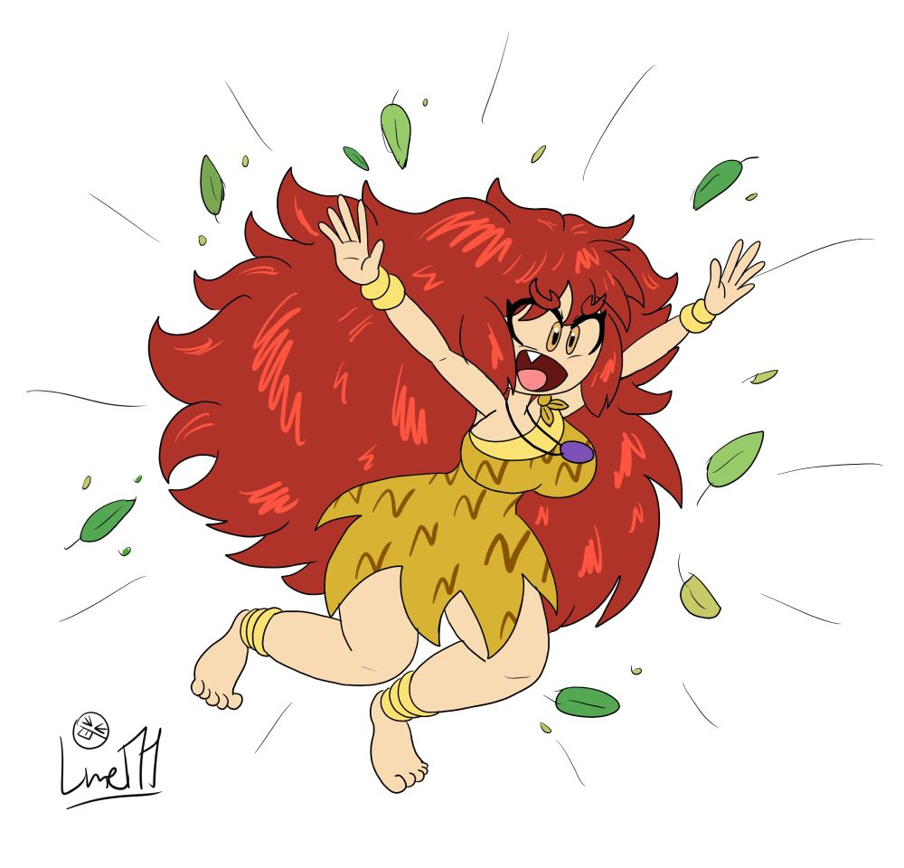 Faulerro’s character Firga, a cavegirl, jumping and/or pouncing, surrounded by leaves 