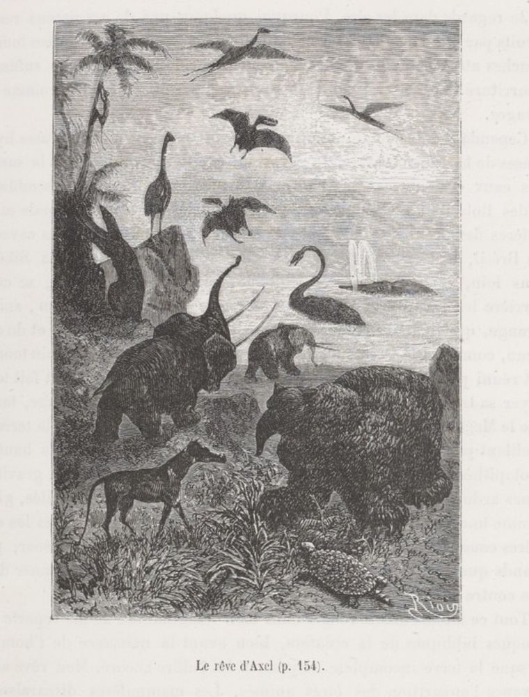 Illustration by Édouard Riou for Jules Verne's Journey to the Centre of the Earth. An engraving depicting a host of prehistoric animals, including Megatherium, moa, and Pleiosaurus, called 'Axel's Dream'.