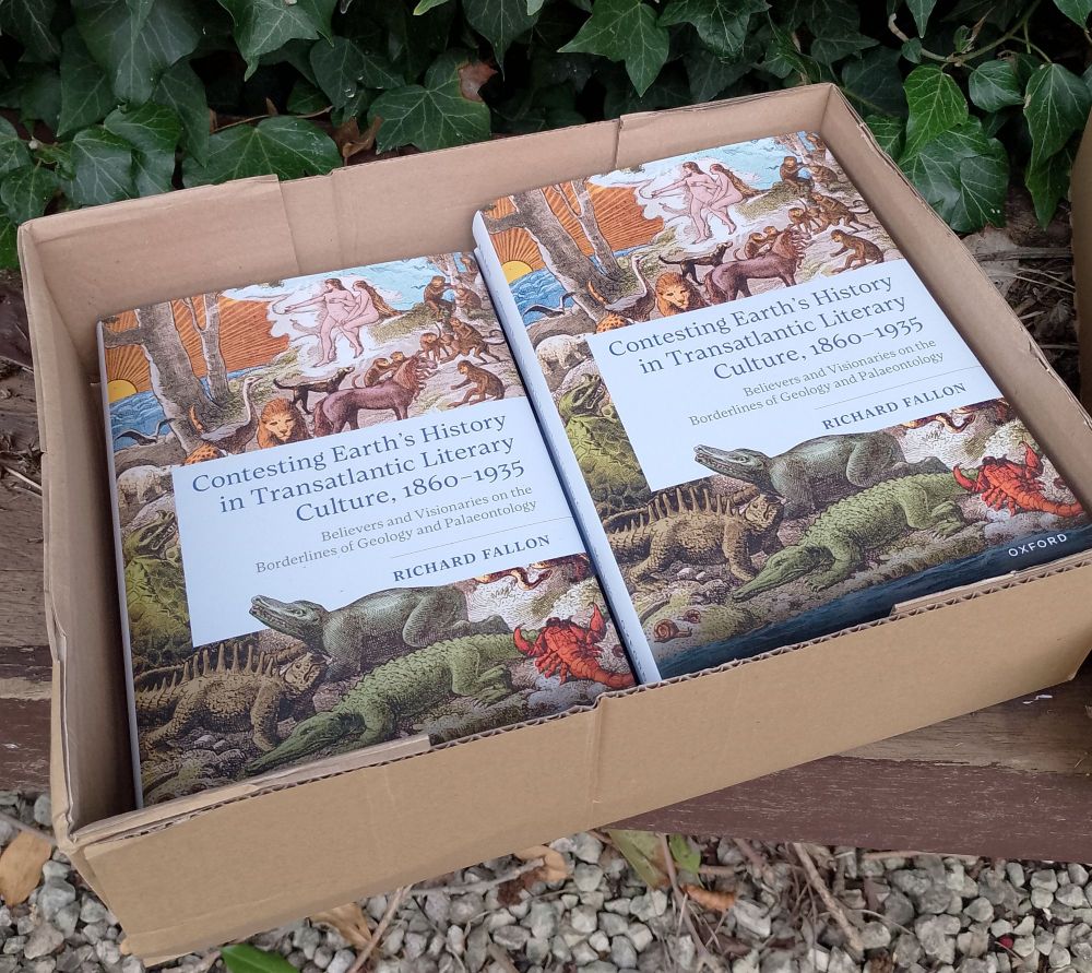 Box of copies of Contesting Earth's History in Transatlantic Literary Culture, 1860–1935, sitting on a bench.
