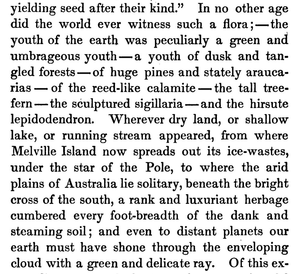  It was emphatically the period of plants,—"of herbs yielding seed after their kind." In no other age did the world ever witness such a flora: the youth of the earth was peculiarly a green and umbrageous youth,—a youth of dusk and tangled forests, of huge pines and stately araucarians, of the reed-like calamite, the tall tree-fern, the sculptured sigillaria, and the hirsute lepidodendron. Wherever dry land, or shallow lake, or running stream appeared, from where Melville Island now spreads out its ice wastes under the star of the pole, to where the arid plains of Australia lie solitary beneath the bright cross of the south, a rank and luxuriant herbage cumbered every footbreadth of the dank and steaming soil; and even to distant planets our earth must have shone through the enveloping cloud with a green and delicate ray. 