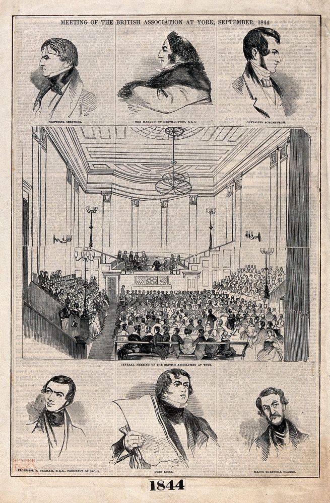 Illustrated London News feature on the British Association, with vignettes of famous men of science around an engraving of the central auditorium.