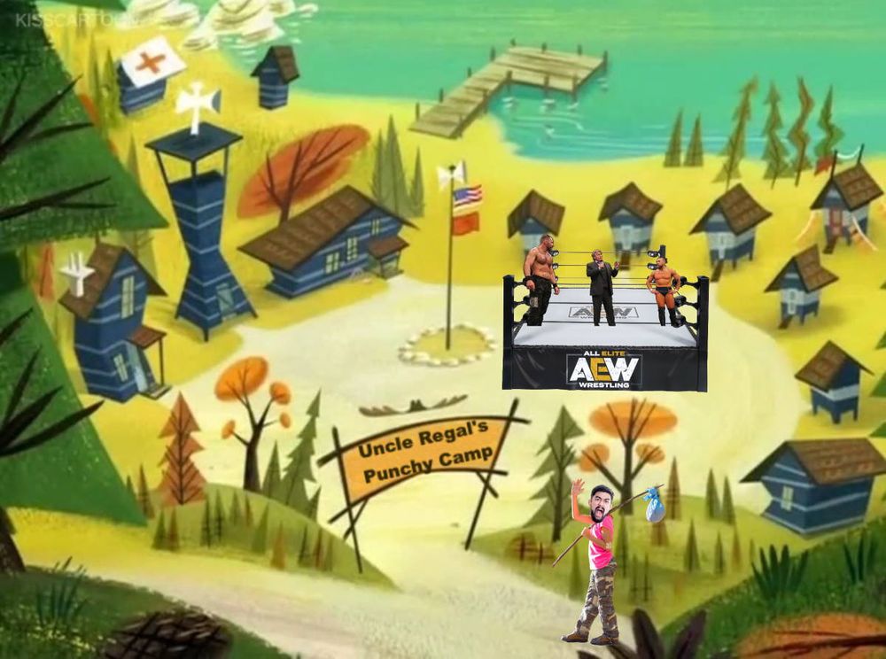 Yuta strikes out on his own, leaving The Best Friends, carrying a bindle over his shoulder as he enters Uncle Regal's Punchy Camp (BlackPool combat club) to be with his future step-dads John Moxley and Bryan Danielson who are waiting in a ring with Uncle William Regal.
Truly, it's a crude edit of the above mentioned people on top of a still-image from Camp Lazlo.