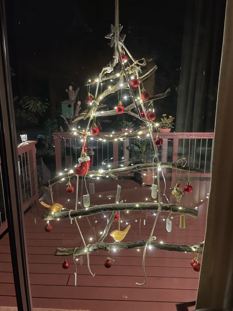8 sticks in shape of tree in a window