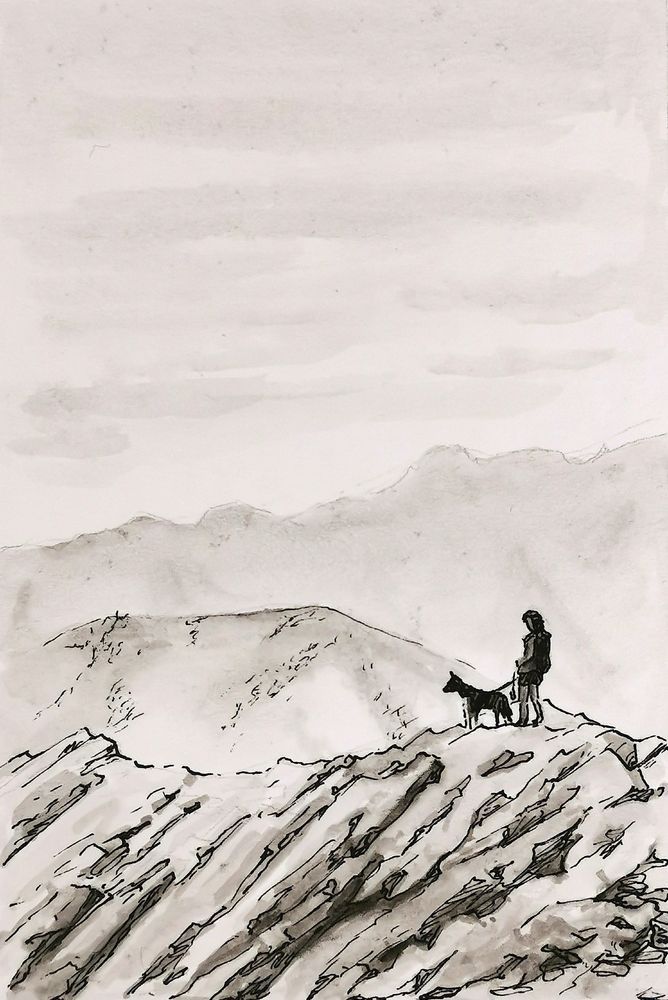 Ink drawing of a person and a dog atop a rocky path, with mountains visible in the background.