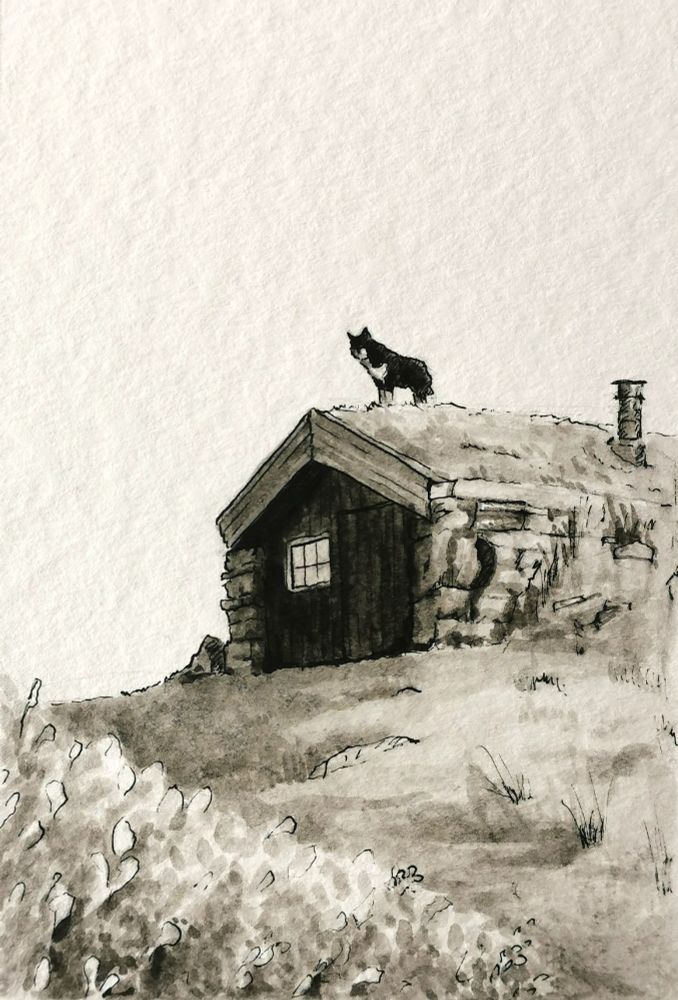 Ink drawing of a black-and-white dog standing on the grassy roof of a small stone hut that’s built halfway into the ground.