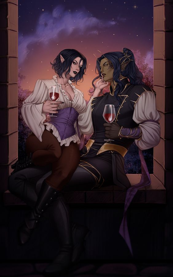 Gothic fantasy atmosphere, vampire OCs, Sonser, and Azarias, relaxing with wine, DnD party, character design, digital art