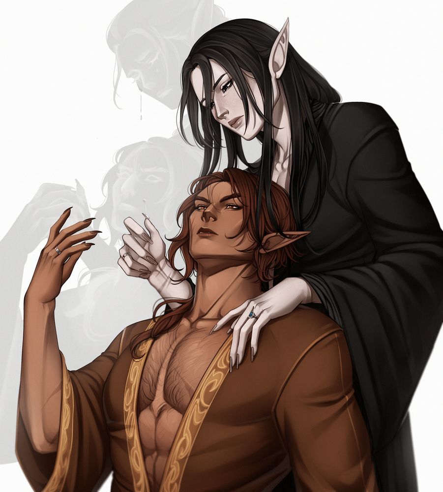 Two vampire characters, fantasy art, DnD OCs, emotional scene, healing, fantasy art, character design, lgbt characters