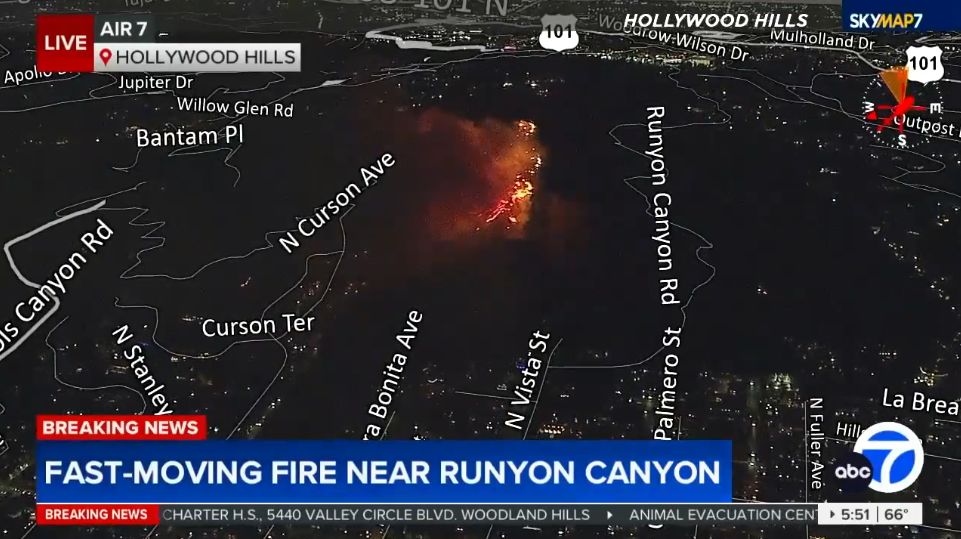 New fast-moving fire erupts in Hollywood Hills near Runyon Canyon 