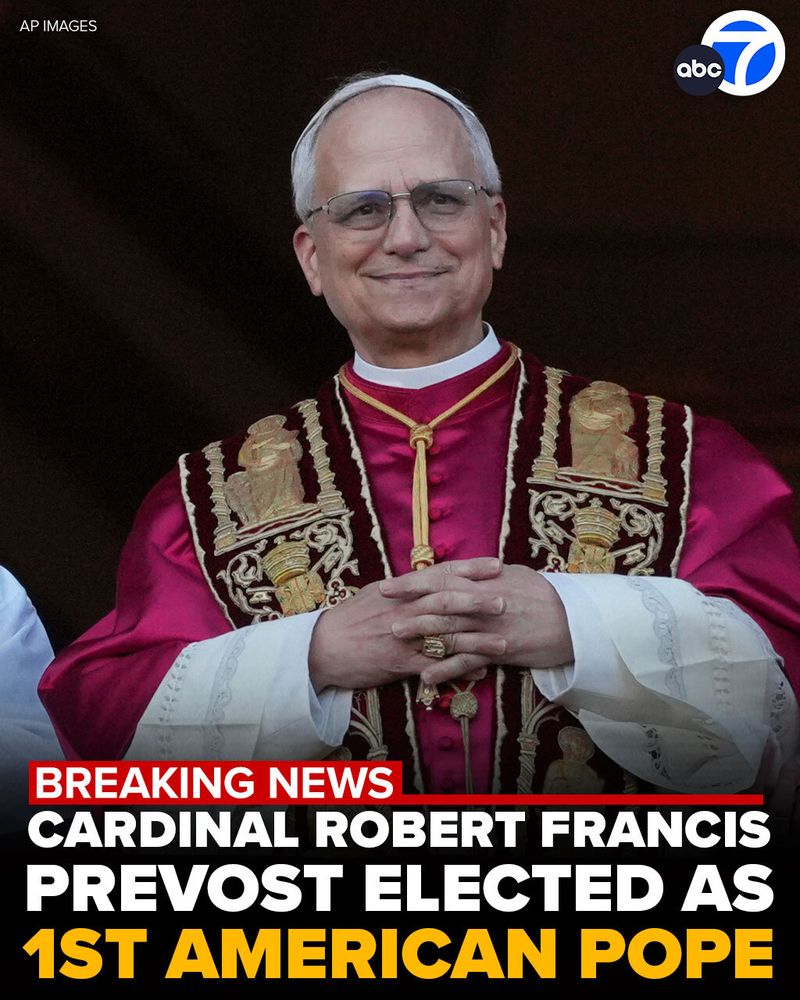 #BREAKING: Cardinal Robert Prevost, an American missionary who spent his career ministering in Peru and leads the Vatican's powerful office of bishops, was elected the first American pope in the 2,000-year history of the Catholic Church. https://abc7.com/live-updates/2025-papal-conclave-cardinals-gather-elect-pope-vatican-city-rome/16339118/entry/16358584