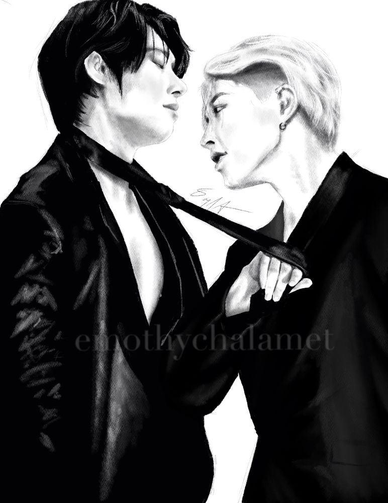 A digital drawing done in black and white of Mingi and Hongjoong of ATEEZ. Mingi has a tie around his neck, which Hongjoong is holding taught in his fist and using to pull Mingi toward him. 