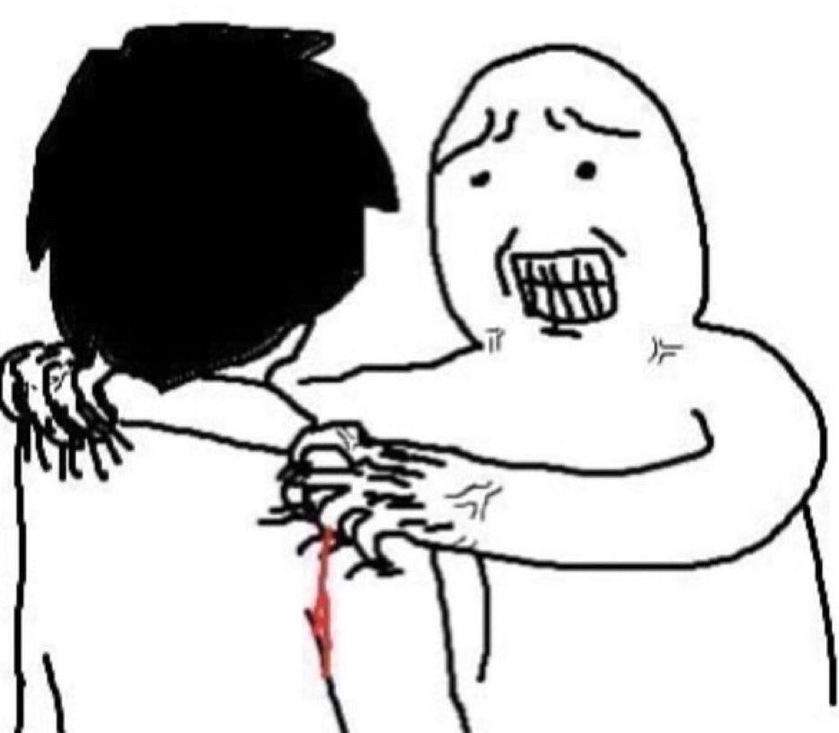 A meme of two poorly drawn people standing facing each other, with one person clutching the other’s so hard they’ve drawn blood. They are clenching their teeth dramatically in a look of desperation 