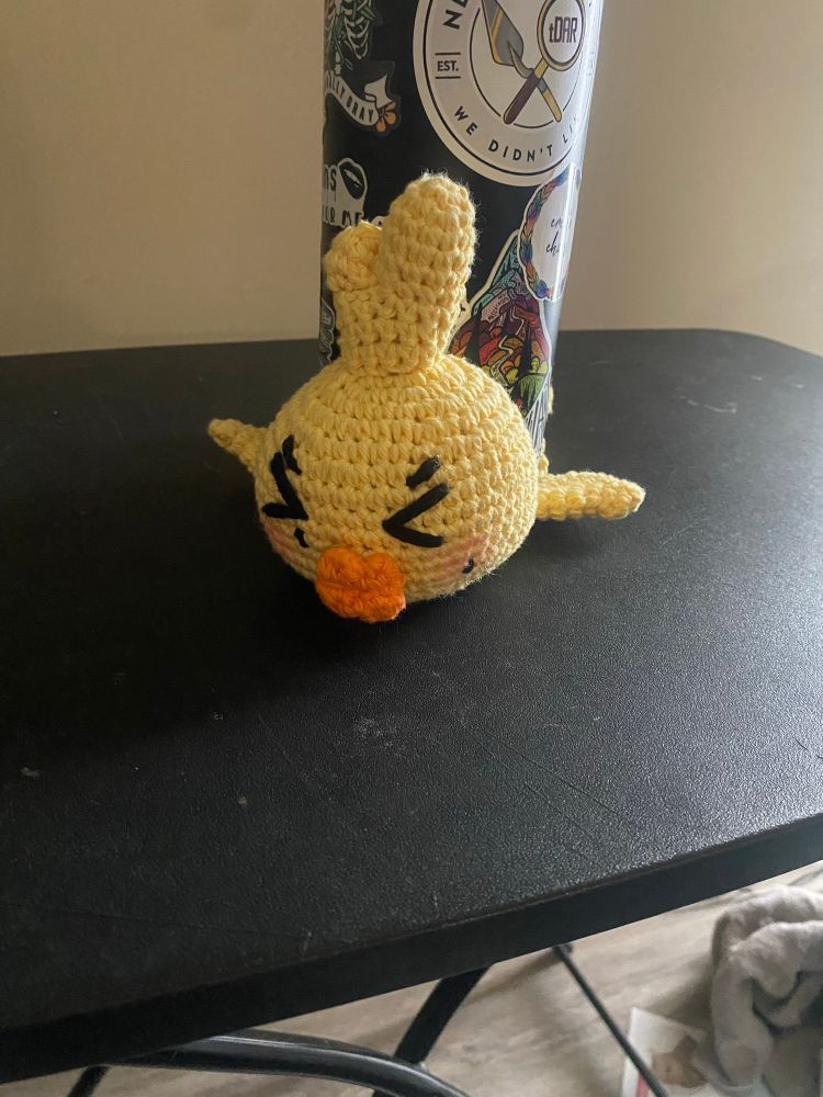 A picture of my bbyongming coaster from the front, showing he has a pained expression as if the water bottle is squishing him 