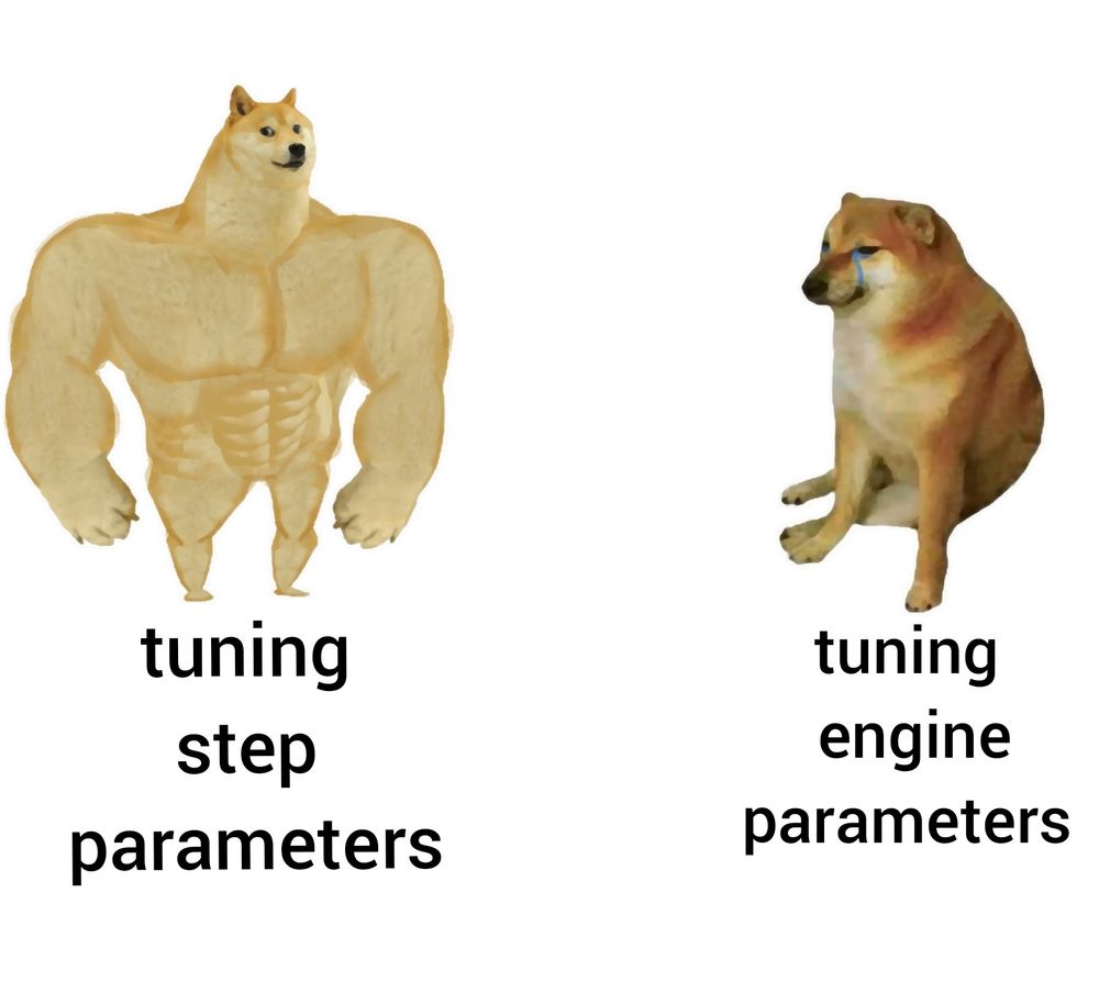 Two doggo meme

Big dog:
Tuning step parameters 

Small dog:
Tuning engine parameters 
