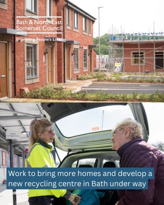 a photo or some new build housing alongside a photo of a young woman helping an older lady to lift a blue back of rubbish out of the boot of a car