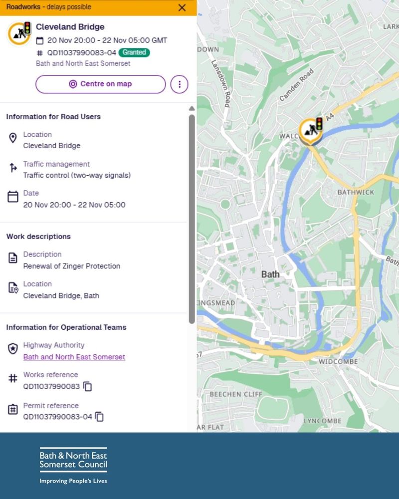 Map image showing the location of roadworks in Bath.