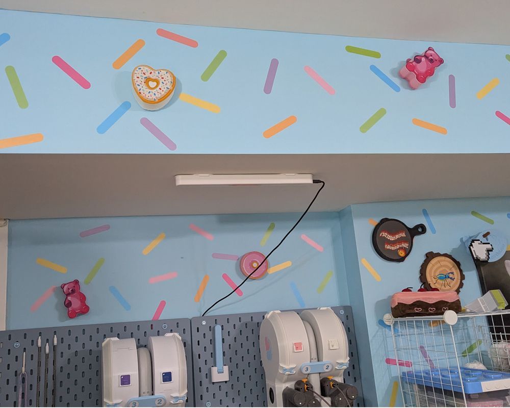 blue walls with sprinkle stickers and donuts and gummies bears