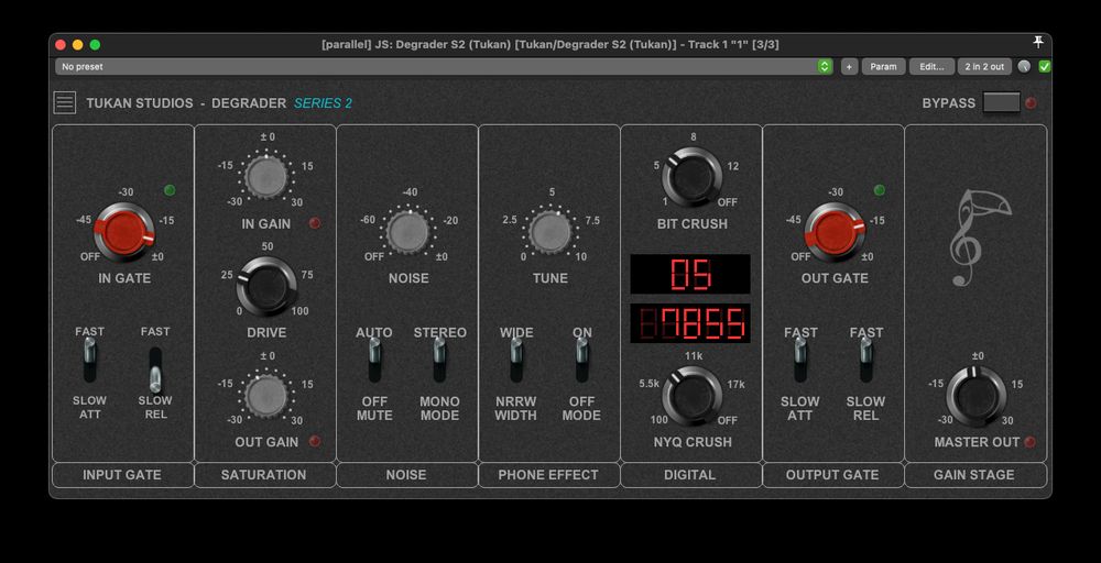 Screenshot of plugin UI - Degrader S2 plugin by Tukan Studios. Only available in REAPER