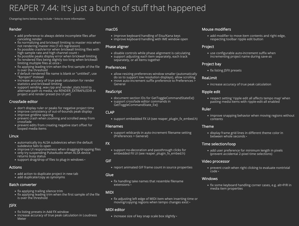 screenshot of REAPER 7.44 patch notes.