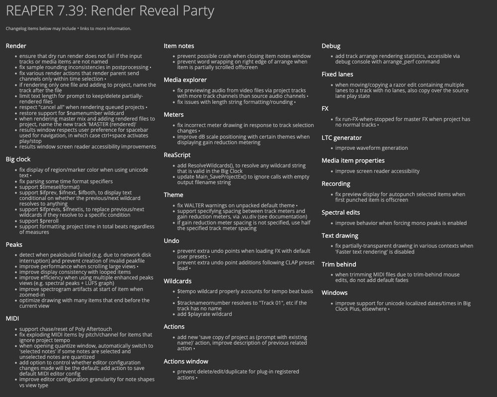 screenshot of reaper changlog from website