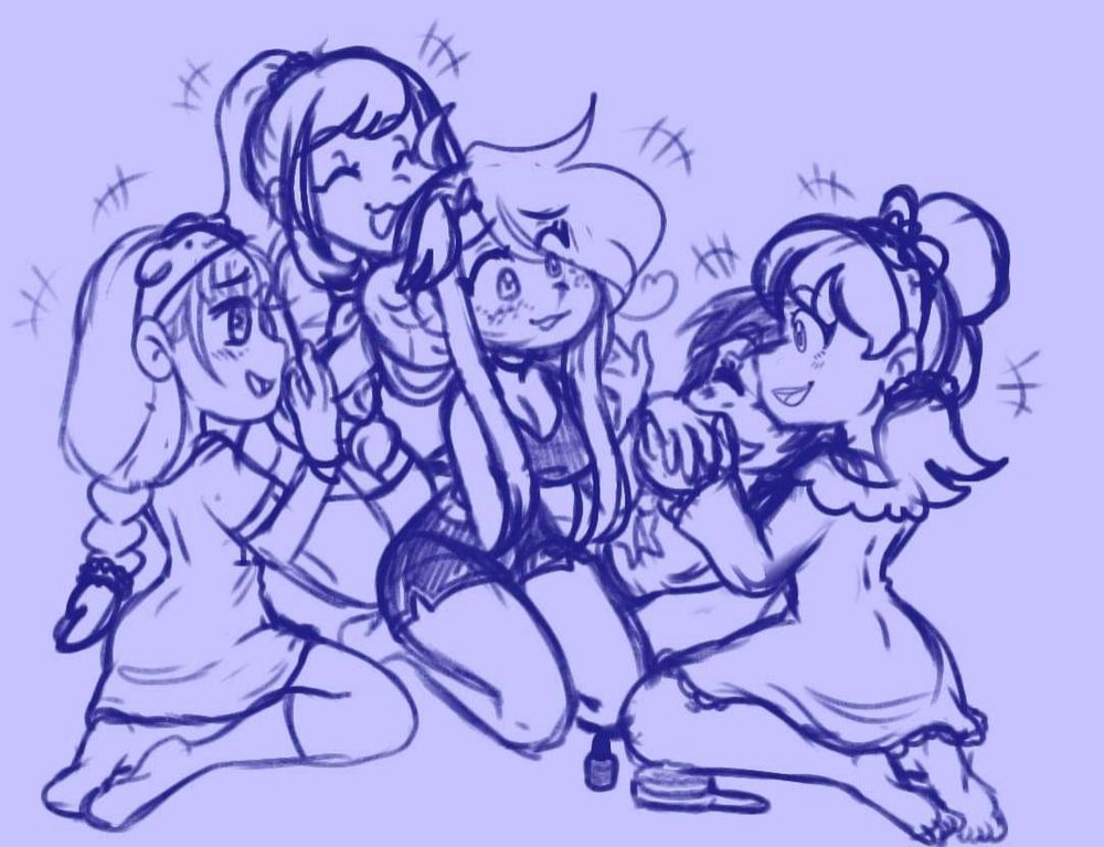 Homura, Nyaa-chan, Kinko, and Totoko with a osomatsu-san oc named Pocky doing their nails and chatting at a sleepover.