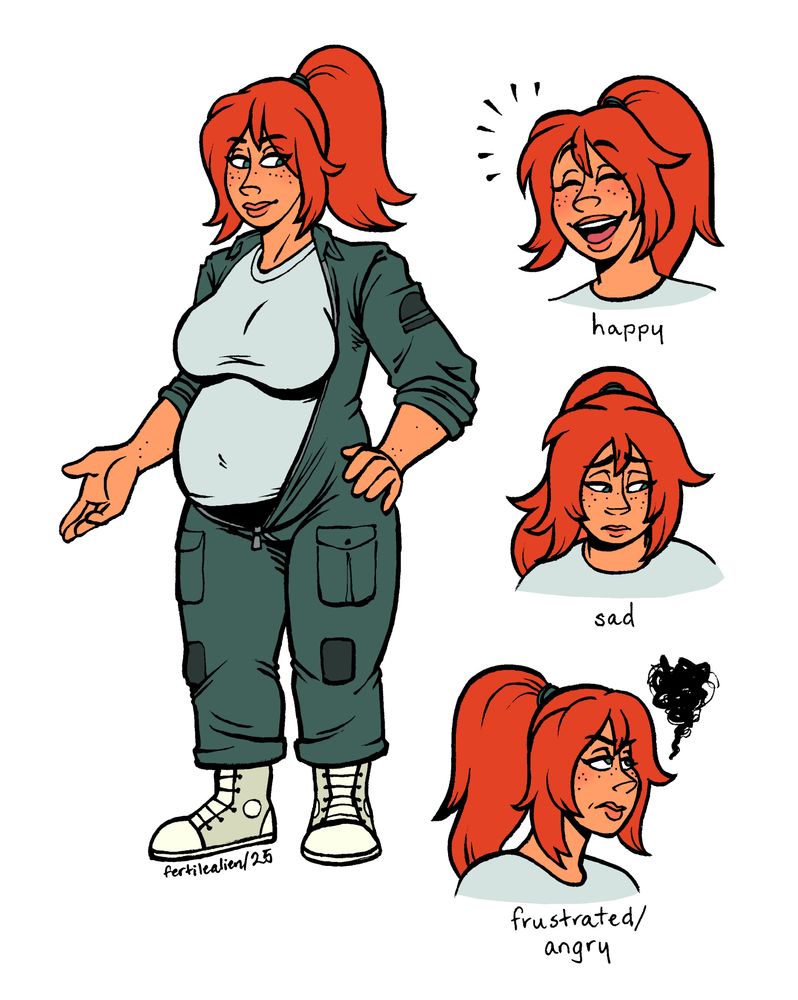 A colored series of drawings of a character named Kelly McDevitt. Kelly is a human woman with red hair, peach skin, and jade green eyes. She wears a dusty teal colored jumpsuit, white high-top sneakers, and a light colored tee shirt; her jumpsuit is unzipped in the front to make space for her pregnant belly. On the right side there are three headshots of Kelly making various expressions: happy, sad, and frustrated/angry. 