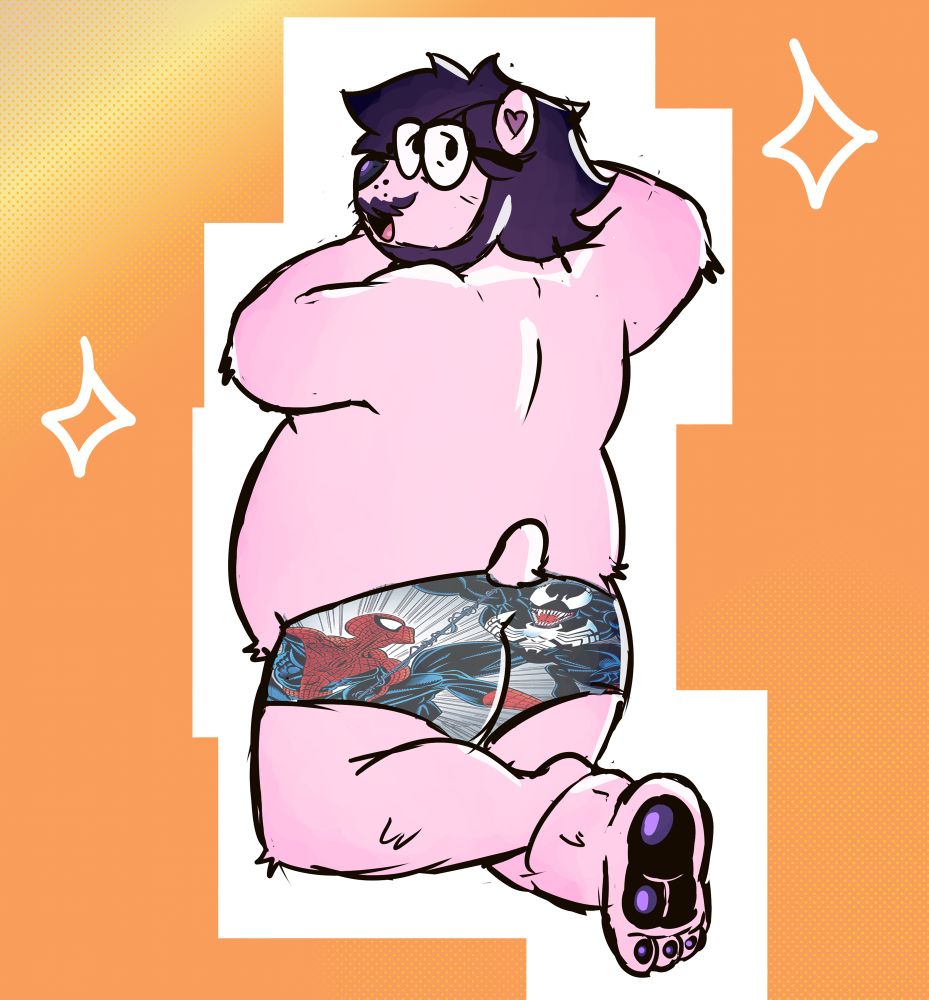 “Pop-Fizzle”(they/them), a light purple/pink polar bear sona from award winning and international treasure @gummyskulls.bsky.social~ they’re laying on their stomach resting their head on their arms wearing nothing but Spider-Man undies that came from stock promotional images on google (I didn’t draw it). They have one paw raised at the viewer showing off shiny paw pads for the freaks in the audience (I’m freaks 🙂‍↕️)