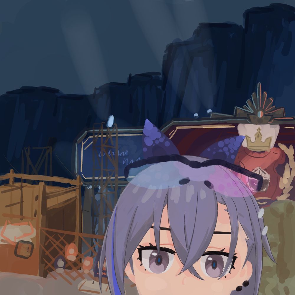 Digital painting of Silver Wolf from Honkai Star Rail with a neutral expression with the bottom half of her face cut off of the frame. The painting is set in a stadium with two large screens in the background.