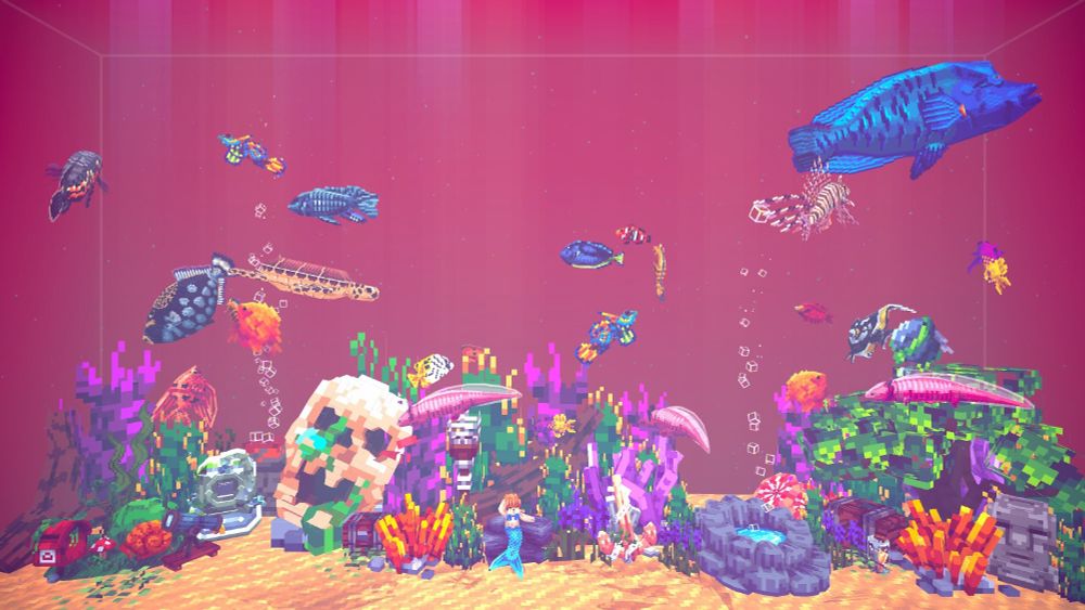 A screenshot of a aquarium from the new cozy indie game Tiny Aquarium: Social Fishkeeping, featuring a variety of colorful fish and decor.