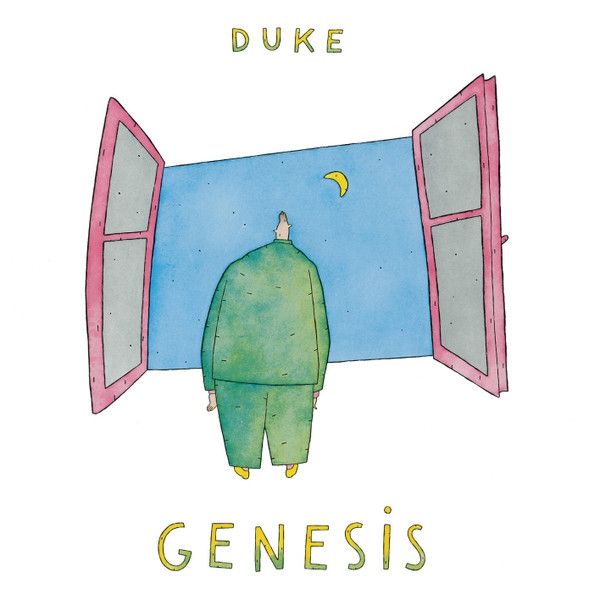Genesis's 10th album entitled "Duke", cover art featuring a hand drawn cartoon of a large man with a tiny head and extremities, wearing what looks to be green pajamas, looking out a large open window at the night sky.
