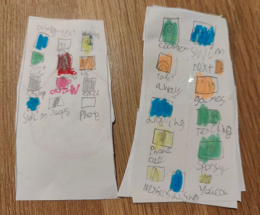 Two child's drawings of smartphone screens including app icons. The one on the right has two icons for Next. As if that's even possible.