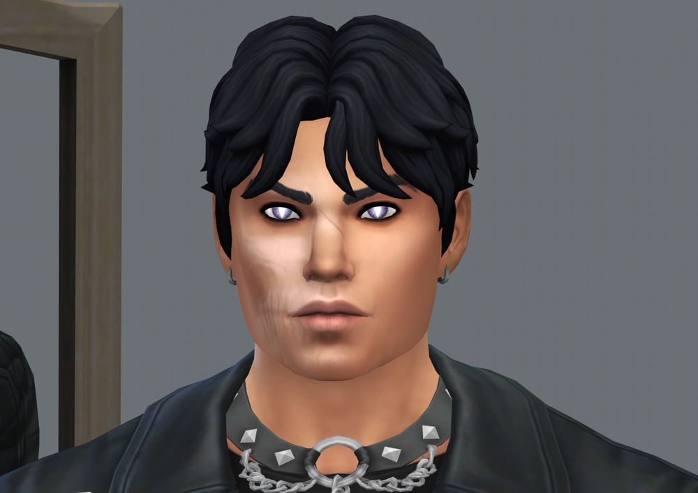 A male Sim with glowing purple eyes, short black hair, and the outline of a skull on half of his face. He has a scar over his nose, and is wearing small dark gray loop earrings and a thick necklace with chains. 