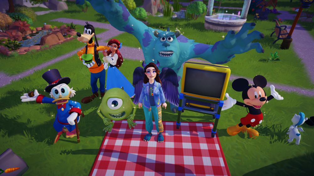 My Disney Dreamlight Valley Character at a Monster Movie Party hosted by Sulley, and joined by Mike, Scrooge, Ariel, Goofy, and Mickey!