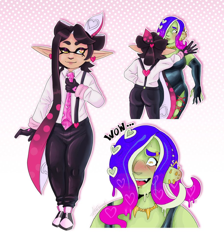 Callie in a suit with Acht in a dress, Acht is dying of gay