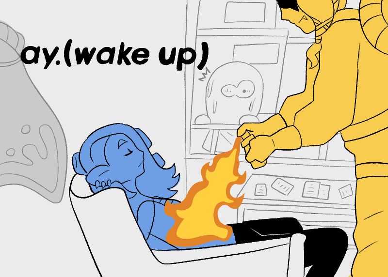 Frye using a blowtorch on a sleeping Shiver