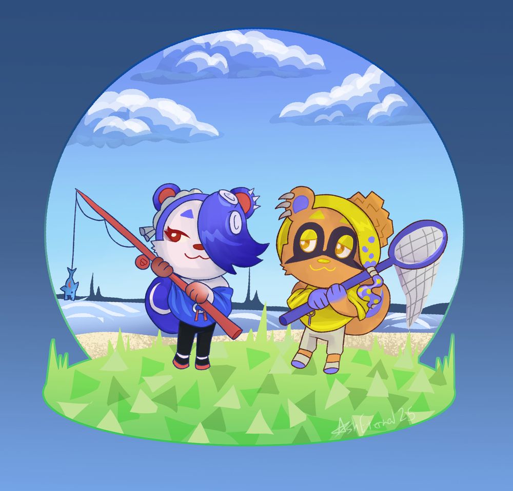 Shiver and Frye in the Animal Crrossing collab design, standing on grass with a bach and ocan in the background. Shiver has a fishing pole and Frye has a bug net. 
