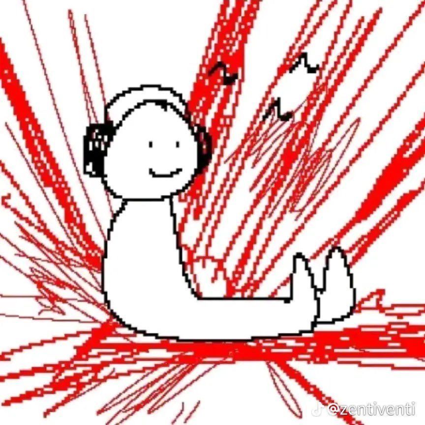 person listening to music sitting in blood, smiling