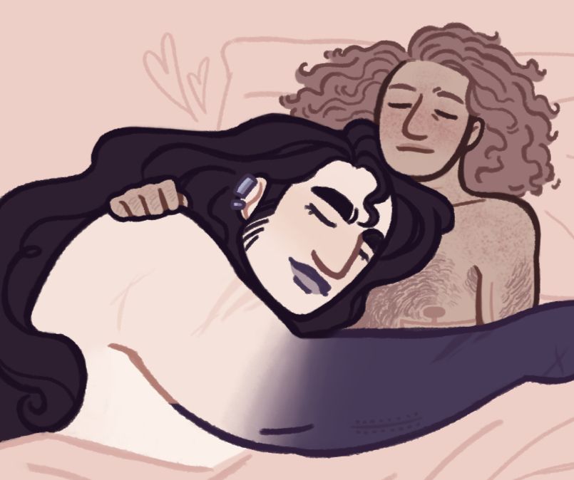 A digital drawing of my ocs, Hatchet and Ian, taking a nap in bed together. Ian is a small, thin human man with tan skin, freckles, and light brown shoulder-length hair. He’s shirtless and has several surgical scars (including top surgery scars) and lots of body hair. Hatchet is a large, fat alien man with pale skin and long black hair. He has silver ear piercings and lots of scars across his body. Ian lays his head on a pillow and is holding Hatchet, who is laying his head on Ian’s chest and has one arm slung across his body. They’re both sleeping peacefully with soft smiles on their faces. 