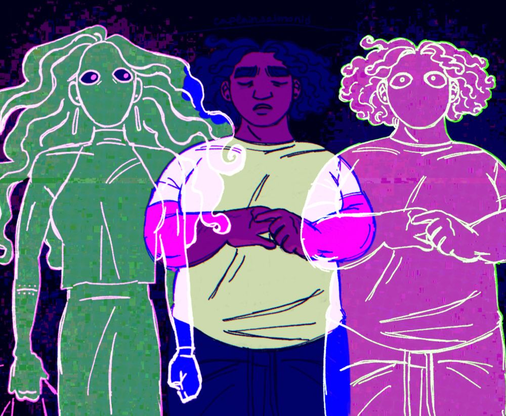 A cropped digital illustration of my oc, Naia, pictured laying on her bed from a bird’s-eye view. She’s a fat young woman with tan skin and shoulder-length curly dark hair wearing a white t-shirt and dark pajama pants. She’s laying on her back with her hands resting on her chest, her eyes closed and her eyebrows furrowed. On the right of the image, slightly overlapping her, is a glowing green outline of herself which looks completely the same apart from her face being blank with wide-open eyes staring straight ahead, all colored in pink. On the left of the image, slightly overlapping her, is a glowing pink outline of my oc, Sophie, a thin young man with long wavy hair wearing a sleeveless turtleneck and a short skirt, all colored in green. Sophie’s face is blank with wide-open eyes, staring directly at Naia.