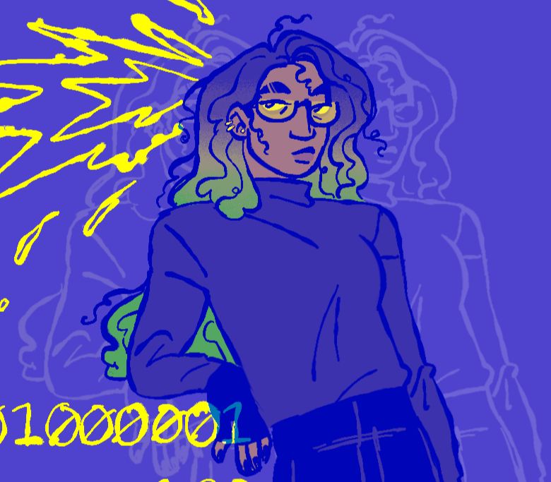 A cropped full body digital drawing of Alana Maxwell from Wolf 359, mostly colored with various shades of dark blue. She’s a thin person with tan skin and long curly dark hair that is dyed bright green at the ends. She’s wearing a pair of round yellow-tinted glasses, a dark blue turtleneck, and black fingerless gloves, high-waisted dress pants, and shoes. She also has several neon yellow ear piercings, an eyebrow slit, and black nail polish. She has a bored expression on her face and is resting her weight on one elbow as if leaning on something. Under her arm is the word “ALANA” written in binary and neon yellow, and behind her head is a neon yellow scribble of a splatter or impact.