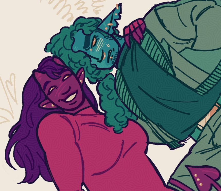 A cropped digital drawing of my OCs, Leland and Cecil. Leland is colored with shades of pink while Cecil is colored with shades of green. Leland is a muscular person with long straight hair, short horns, pointed ears, a long spade-shaped tail, and lots of scars. He wears a short, long-sleeved turtleneck dress, thigh-high heeled boots, and piercings on his ears and tail. Cecil is a fat person with long curly hair tied in a ponytail, large downturned pointed ears, facial hair, and lots of scars. He wears a cropped bomber jacket with a turtleneck shirt tucked into a pair of loose fitting pants, combat boots, and piercings on his ears and face. Leland sits on the ground and leans back, propping himself up on one arm while his other hand rests on Cecil’s neck, and his tail is wrapped around Cecil’s thigh. Cecil stands above him and is bent down, letting Leland’s hand on his neck guide their faces near each other. Leland has a playful expression on his face and looks at Cecil, while Cecil looks annoyed and glances in the opposite direction.