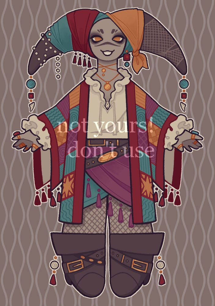 A cute, cartoony pirate jester. They're wearing a poofy blouse, a colorful, quilted coat, swoopy skirts, cuffed boots, and lots of jewelry. They have smokey eyeshadow and a large horizontal scar across their nose.