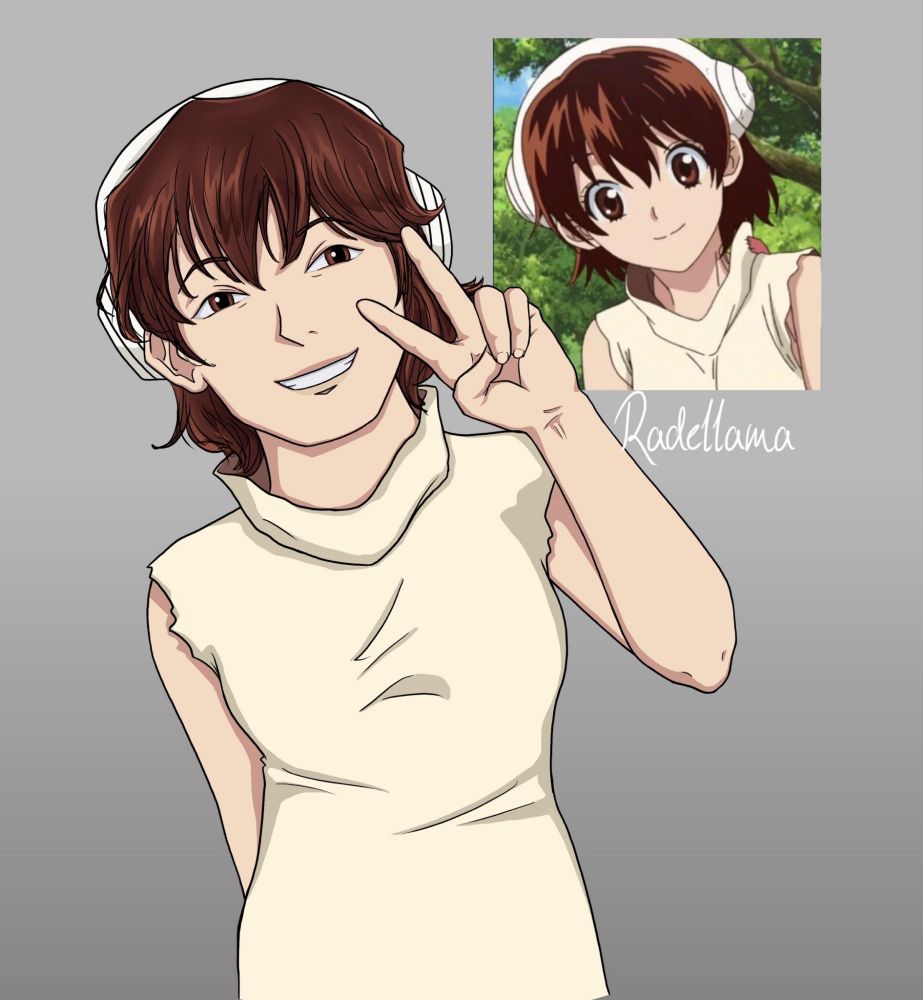 Digital art of Yuzuriha from Dr Stone. 
She is leaning to the left and smiling while holding her hand up in a peace gesture next to her head. In the top right corner is a reference pic from the anime.