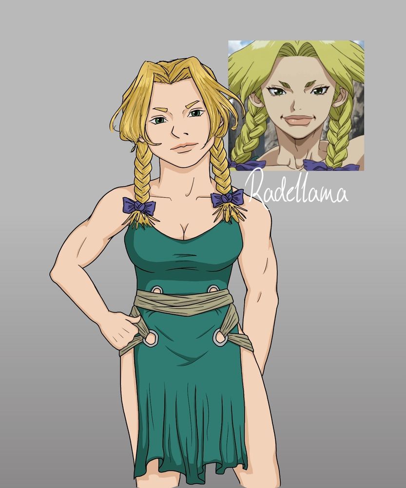 Digital art of Nikki from Dr Stone.
She is standing casually with one fist resting on her hip and a soft smile. 
In the top right corner is a reference picture from the anime.