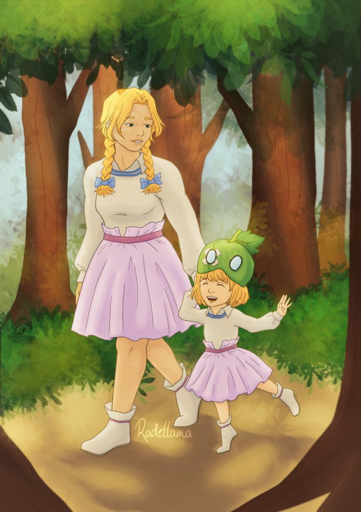 Digital art of Nikki Hanada and Suika from Dr Stone. They was walking through the forest together, Suika is skipping with a big smile and holding her watermelon helmet on top of her head while Nikki smiles as she's looking down at her. They are both wearing matching outfits, the cute pink skirt with cream coloured pull over that Yuzuriha made for the fashion show. 
The colours are warm and vibrant, with soft mid-afternoon lighting.