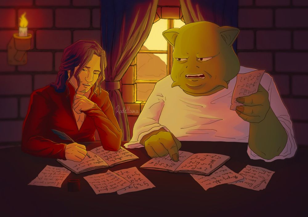 Digital art of a man and a green monster studying some notes at a table. The man is sitting to the left, with long blue wavy hair tied back, but some hair is loose and framing his face. He is hearing a red long sleeve tunic with a deep V-neck, holding one hand near his chin as he holds his sleeve in his hand, while the other is working notes into a book with a feather quill. The Green Monster is sitting on the right, he is very large and has cat-like ears and little pointed whisker-like skin at the edges of his jowls. He is wearing a plain white tunic, and is pointing to some characters in a foreign alphabet in a book in front of him while holding up a loose page of notes with his other hands. The two of them are inside a brick castle room, with a small candle lamp on the wall behind the man on the left, and a window with open curtains behind them in the centre of the painting. It is sunset, leaving a warm yellow colour over everything.