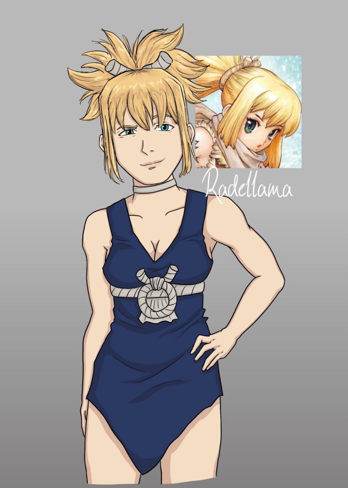 Digital art of Kohaku from Dr Stone.
She has one hand on her hip and is smiling with a mischievous expression. 
In the top right corner is a reference pic from the anime.