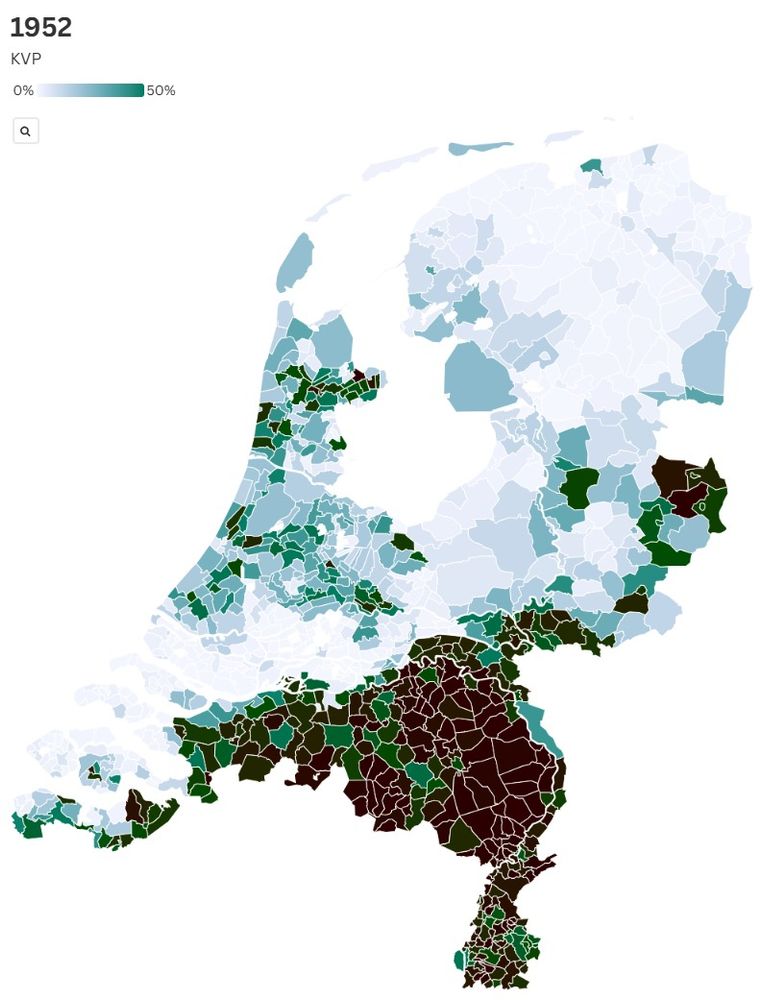 Een kaart van Nederland met daarop de uitslag van de Tweede Kamerverkiezingen van 1952 voor de KVP. In Noord-Brabant en Limburg haalde die partij bijna overal met een absolute meerderheid.