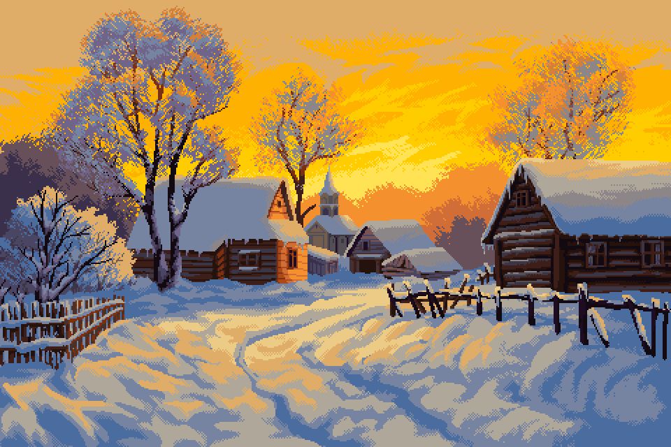 village covered with snow in the evening