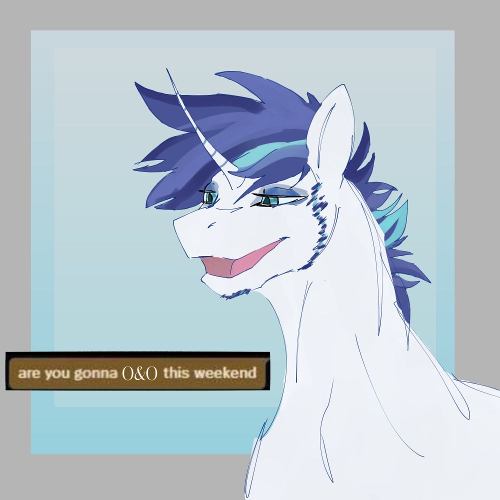 A digital artwork of Shining Armor from MLP: FiM from the bust up. He has a relaxed smile. A snipped screenshot from something acts as dialogue, and it reads "are you gonna O&O this weekend"