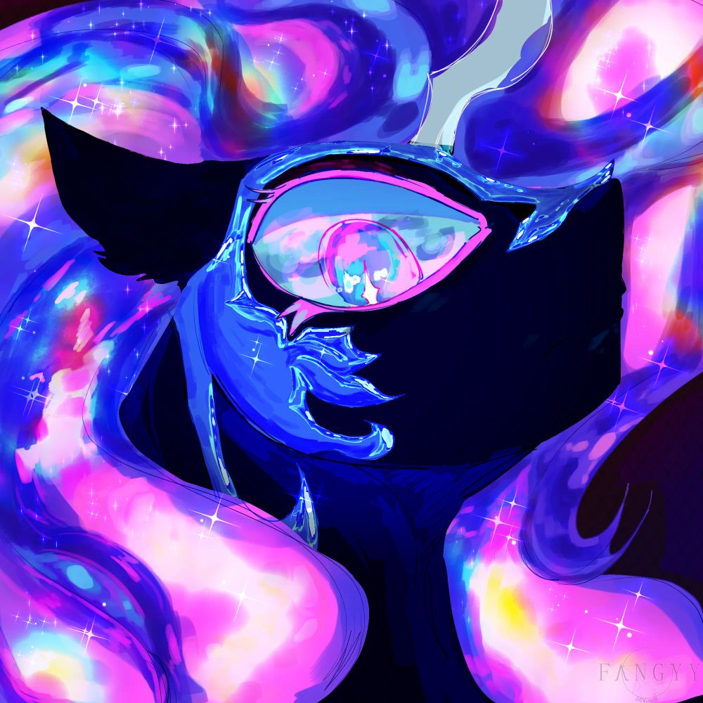 A digital artwork of a closeup of Nightmare Moon from MLP's neck up. Her eye is very close to the viewer. Her hair is a very colorful magenta/night/galaxy mix.